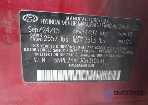 2016 Hyundai Sonata Se z USA, uszkodzony, nr VIN 5NPE24AF3GH310991